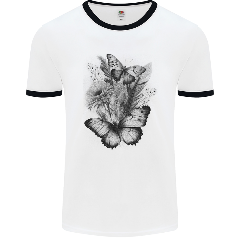 Butterflies & Flowers in the Wild Nature Mens Ringer T-Shirt White/Black