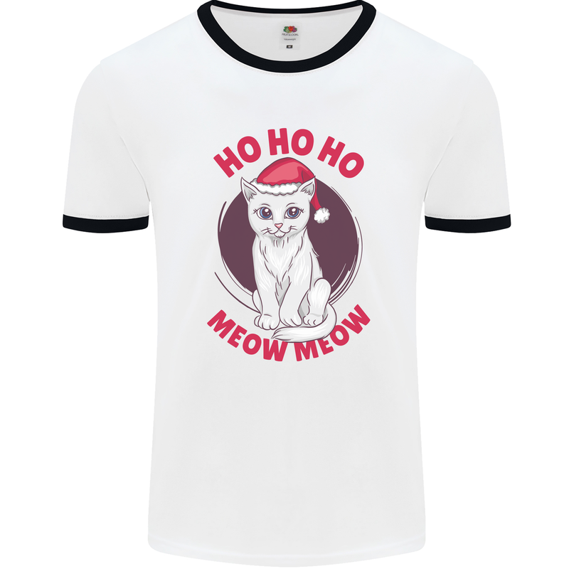 HO HO HO Funny Christmas Cat Xmas Meow Mens Ringer T-Shirt White/Black