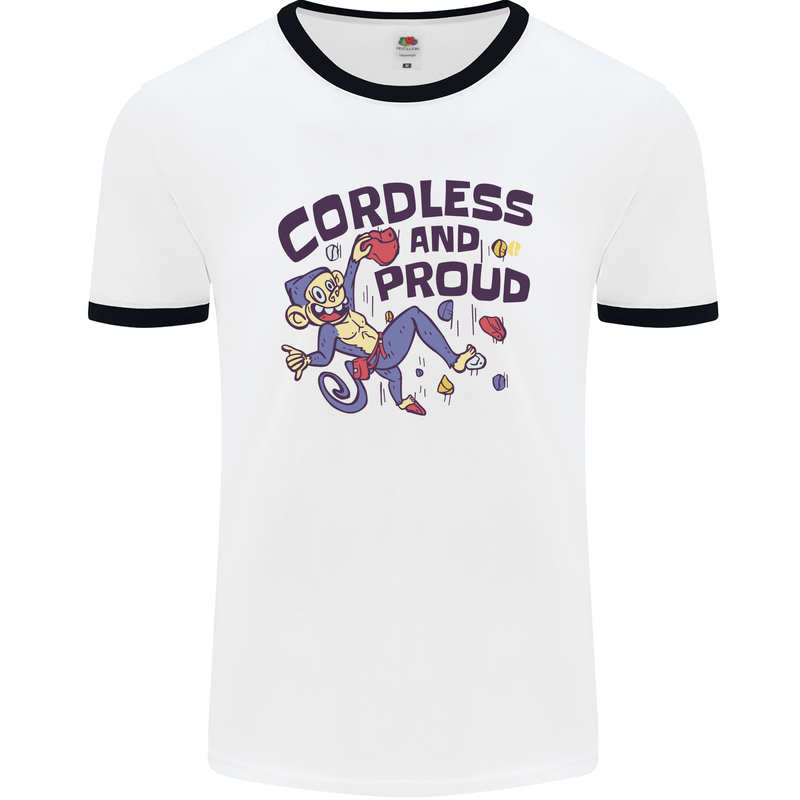 Cordless & Proud Rock Climbing Monkey Mens Ringer T-Shirt White/Black
