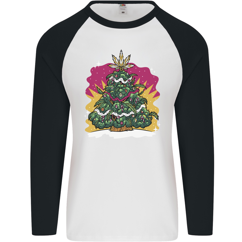 A Weed Christmas Tree Cannabis Trippy Mens L/S Baseball T-Shirt White/Black