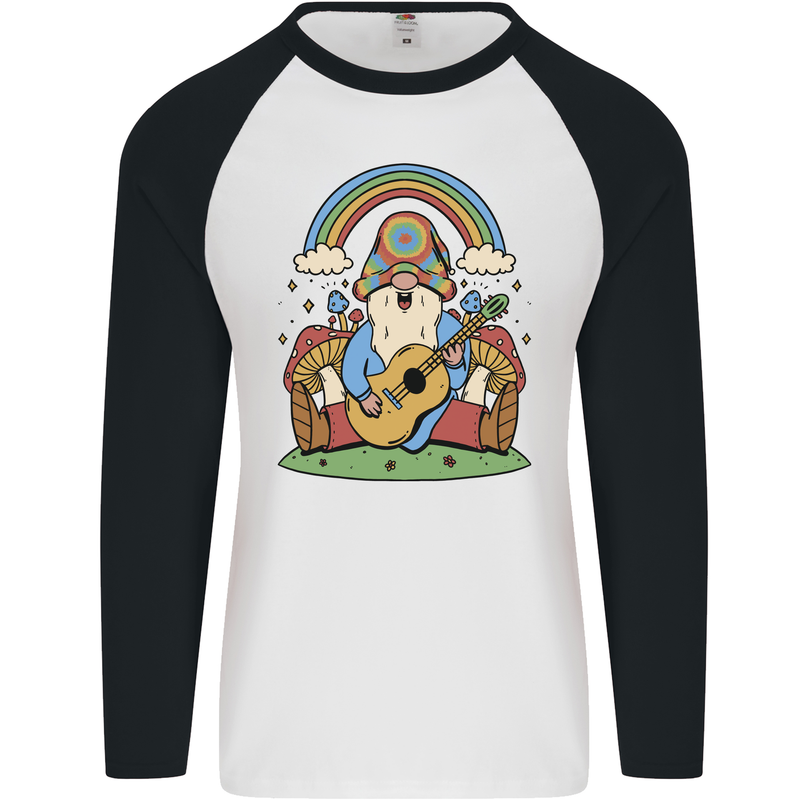 Trippy Guitar Hippy Gnome Magic Mushrooms Mens L/S Baseball T-Shirt White/Black