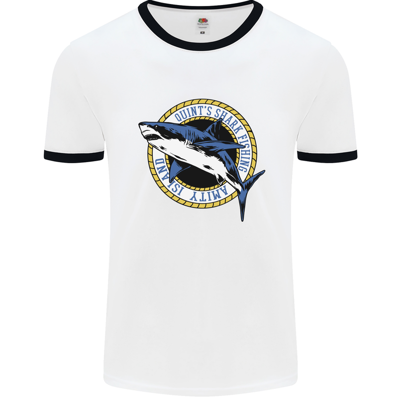 Quints Shark Fishing Amnity Island Great White Mens Ringer T-Shirt White/Black