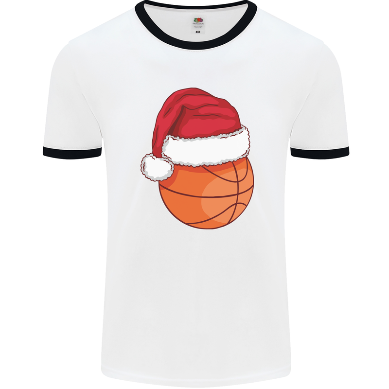 A Basketball Wearing a Christmas Hat Xmas Mens Ringer T-Shirt White/Black