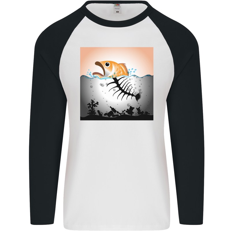 Fish Pollution Climate Change Environment Mens L/S Baseball T-Shirt White/Black