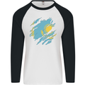 Torn Kazakhstan Flag Kazakh Day Football Mens L/S Baseball T-Shirt White/Black