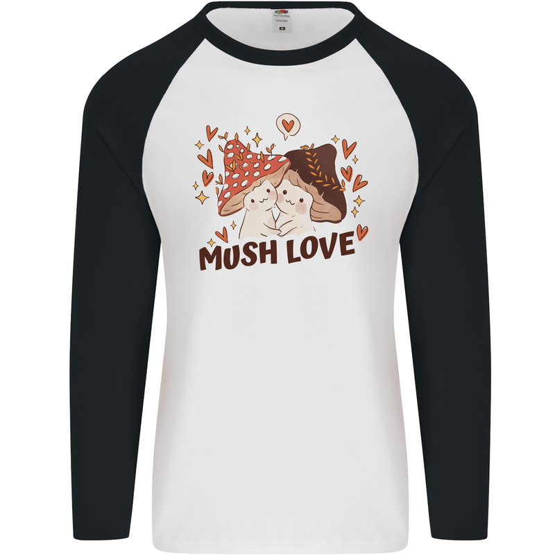 Mush Love Funny Mushroom Mycology Mens L/S Baseball T-Shirt White/Black