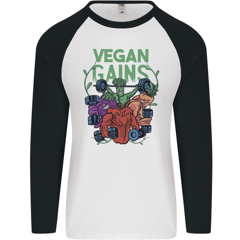 Vegan Gym Bodybuilding Vegetarian Mens L/S Baseball T-Shirt White/Black