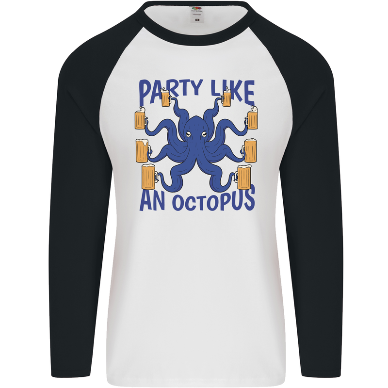 Beer Party Octopus Scuba Diving Diver Funny Mens L/S Baseball T-Shirt White/Black