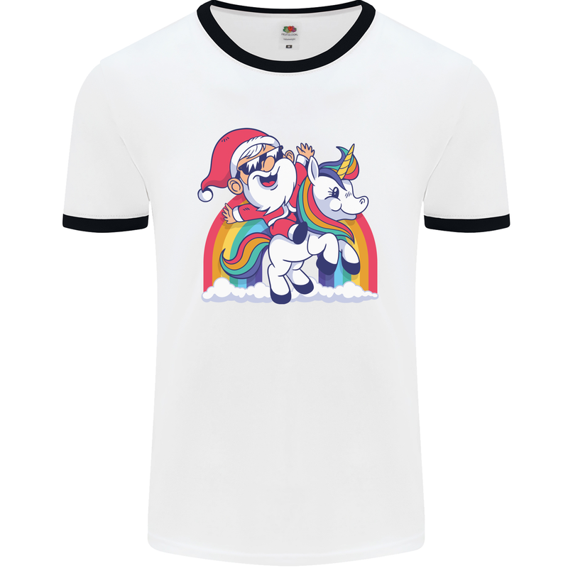Christmas Santa Claus On a Unicorn Xmas Mens Ringer T-Shirt White/Black
