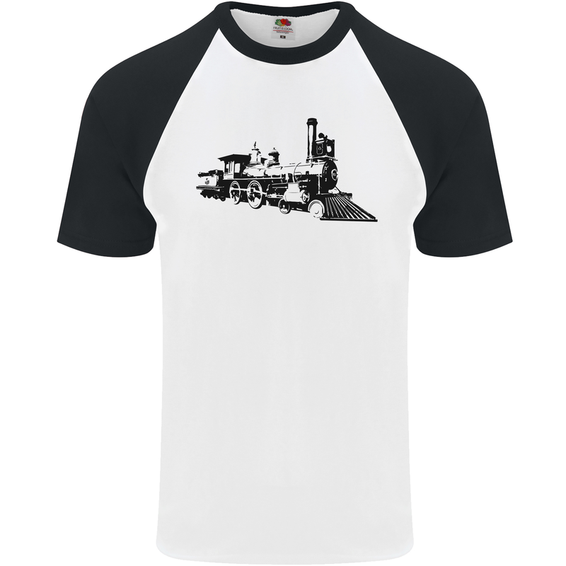 Trains Locomotive Steam Engine Trainspotting Mens S/S Baseball T-Shirt White/Black