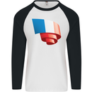 Curled France Flag French Day Football Mens L/S Baseball T-Shirt White/Black