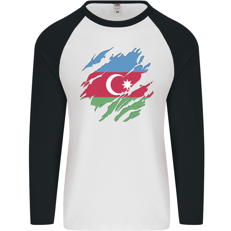 Torn Azerbaijan Flag Azerbaijani Day Football Mens L/S Baseball T-Shirt White/Black