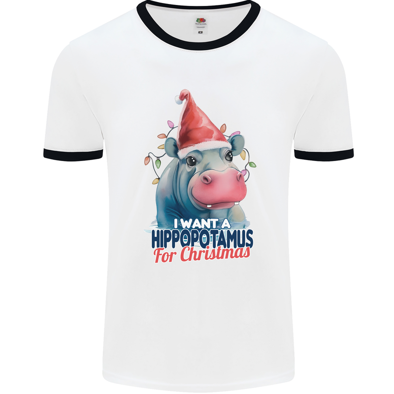 Hippopotamus For Christmas Hippo Xmas Mens Ringer T-Shirt White/Black
