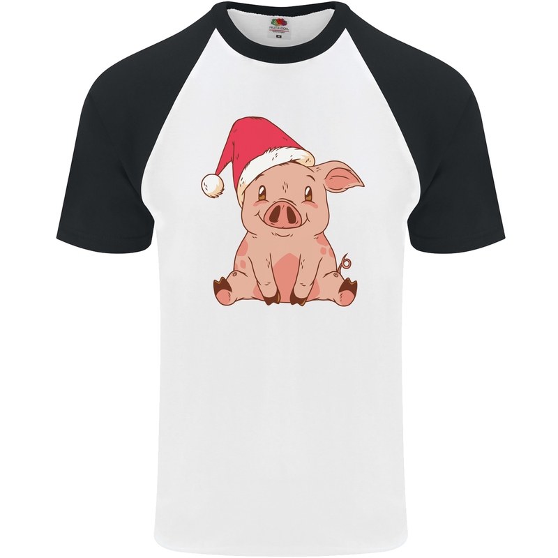 A Happy Christmas Pig Funny Xmas Mens S/S Baseball T-Shirt White/Black