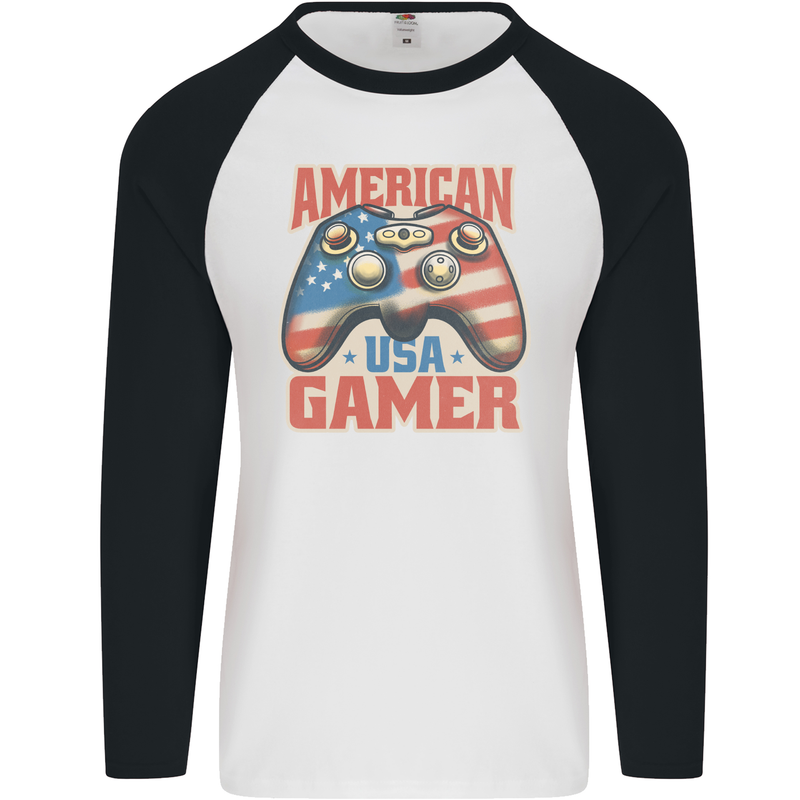 American USA Gamer Video Games Joypad Mens L/S Baseball T-Shirt White/Black