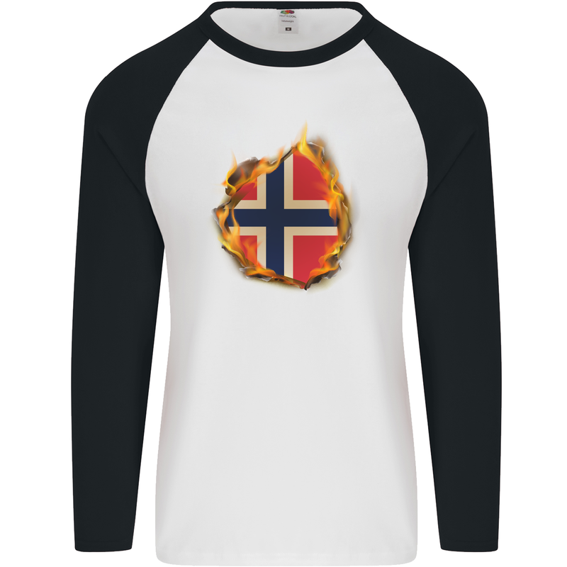 The Norwegian Flag Fire Effect Norway Mens L/S Baseball T-Shirt White/Black