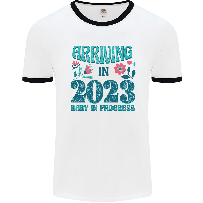 Arriving 2023 New Baby Pregnancy Pregnant Mens Ringer T-Shirt White/Black