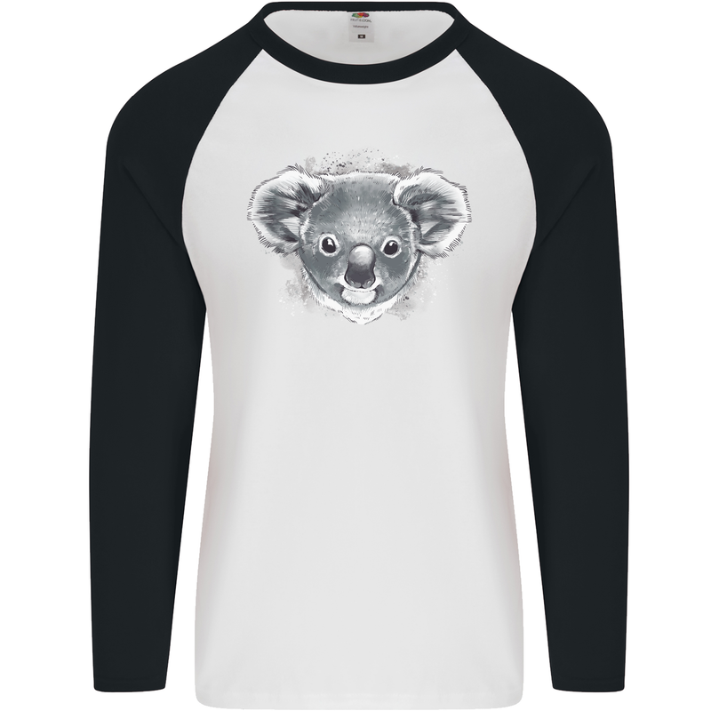 A Koala Bear Head Mens L/S Baseball T-Shirt White/Black