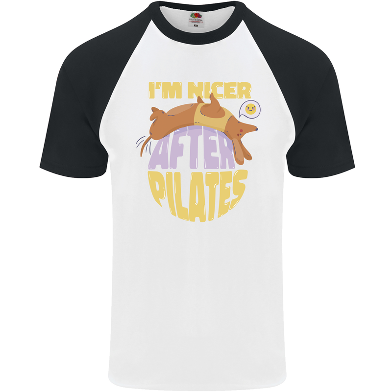 Nicer After Pilates Funny Yoga Dog Mens S/S Baseball T-Shirt White/Black