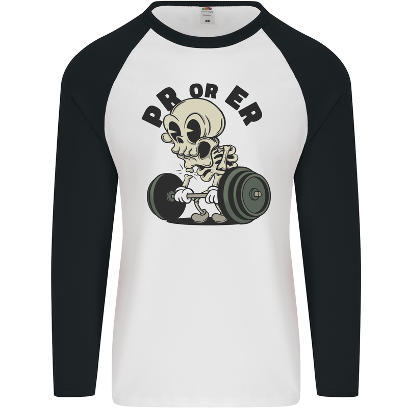 PR or ER Gym Bodybuilding Training Mens L/S Baseball T-Shirt White/Black