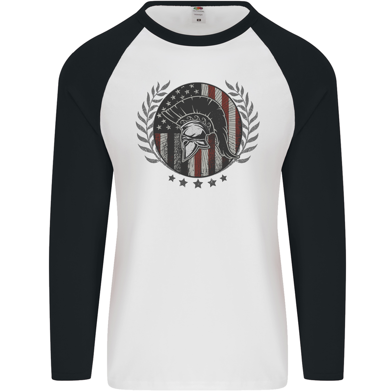 USA Bodybuilding Flag Gym Training Spartan Mens L/S Baseball T-Shirt White/Black