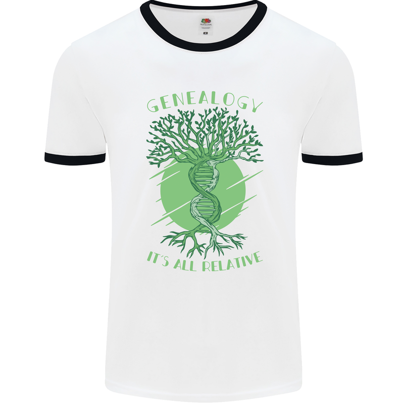 Genealogy Its All Relative Funny DNA Ancestry Mens Ringer T-Shirt White/Black