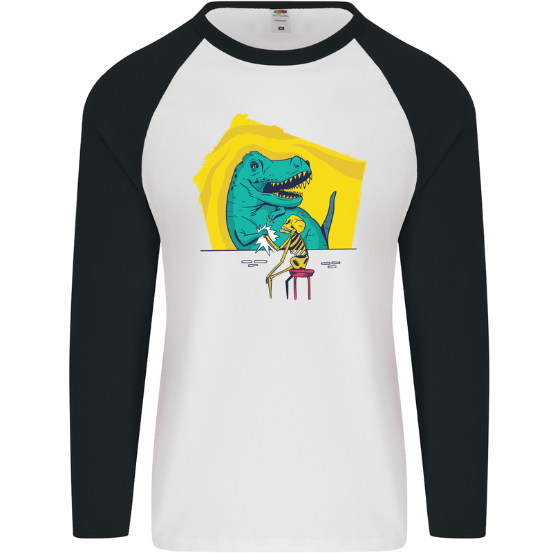 T-Rex Wrestling a Skeleton Dinosaurs Skull Mens L/S Baseball T-Shirt White/Black