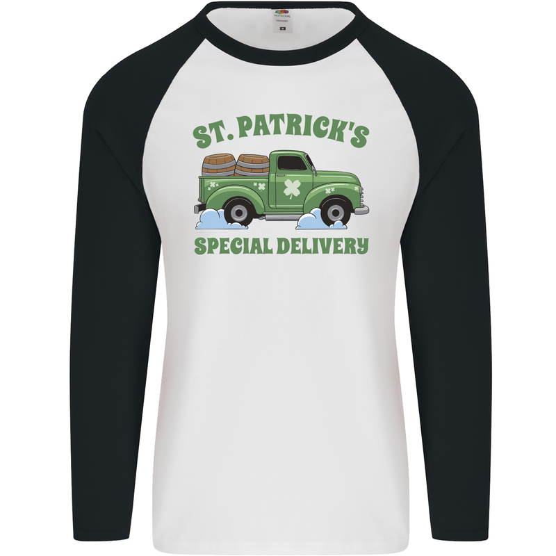 St Patricks Beer Delivery Funny Alcohol Guiness Mens L/S Baseball T-Shirt White/Black