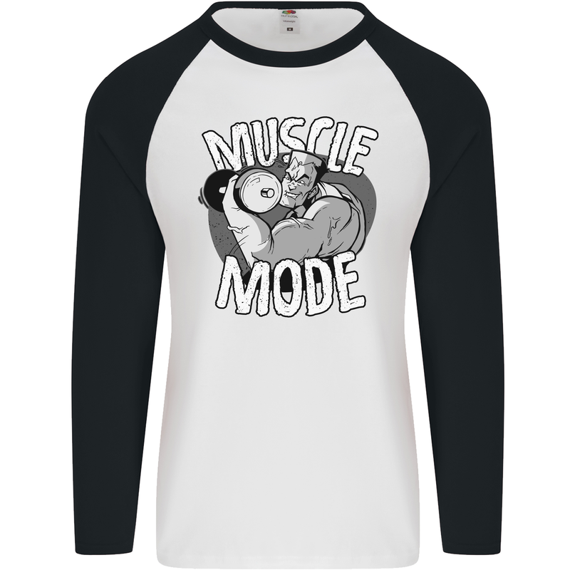 Gym Muscle Mode Bodybuilding Weightlifting Mens L/S Baseball T-Shirt White/Black