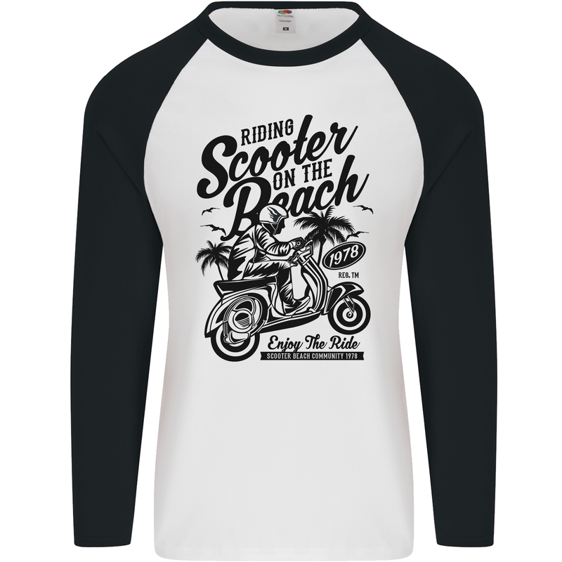 Scooter on the Beach MOD Mens L/S Baseball T-Shirt White/Black