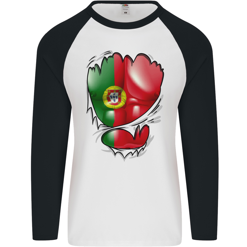 Gym Portuguese Flag Ripped Muscles Portugal Mens L/S Baseball T-Shirt White/Black