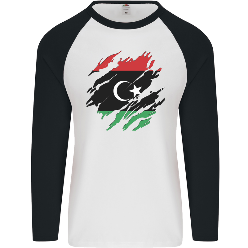 Torn Libya Flag Libyan Day Football Mens L/S Baseball T-Shirt White/Black