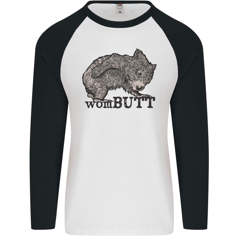 Wombutt Funny Wombat Mens L/S Baseball T-Shirt White/Black