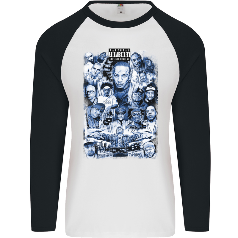 Rap Music Collage Gangster Hip Hop Mens L/S Baseball T-Shirt White/Black
