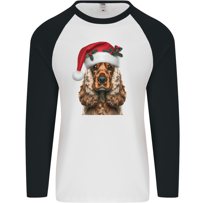 Christmas Cocker Spaniel Xmas Dog Mens L/S Baseball T-Shirt White/Black