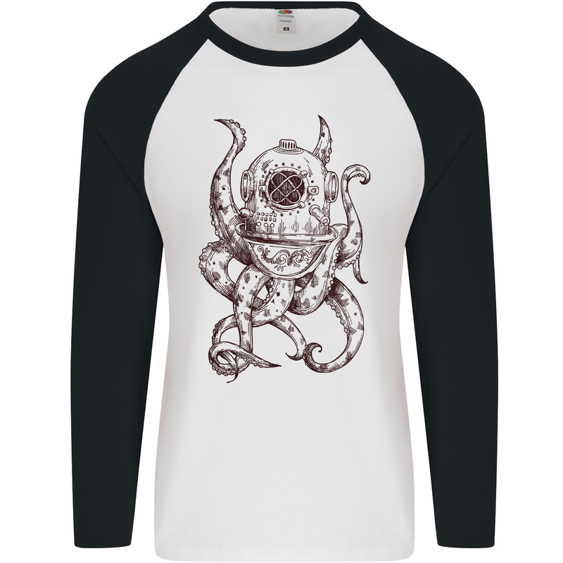 Steampunk Octopus Kraken Cthulhu Mens L/S Baseball T-Shirt White/Black