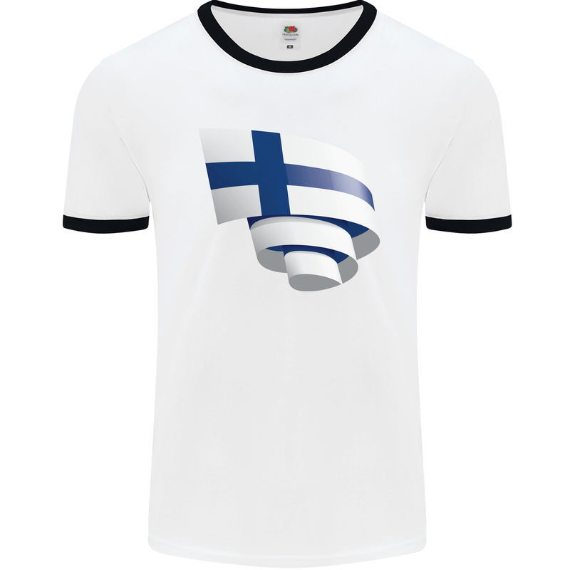 Curled Finland Flag Finnish Day Football Mens Ringer T-Shirt White/Black
