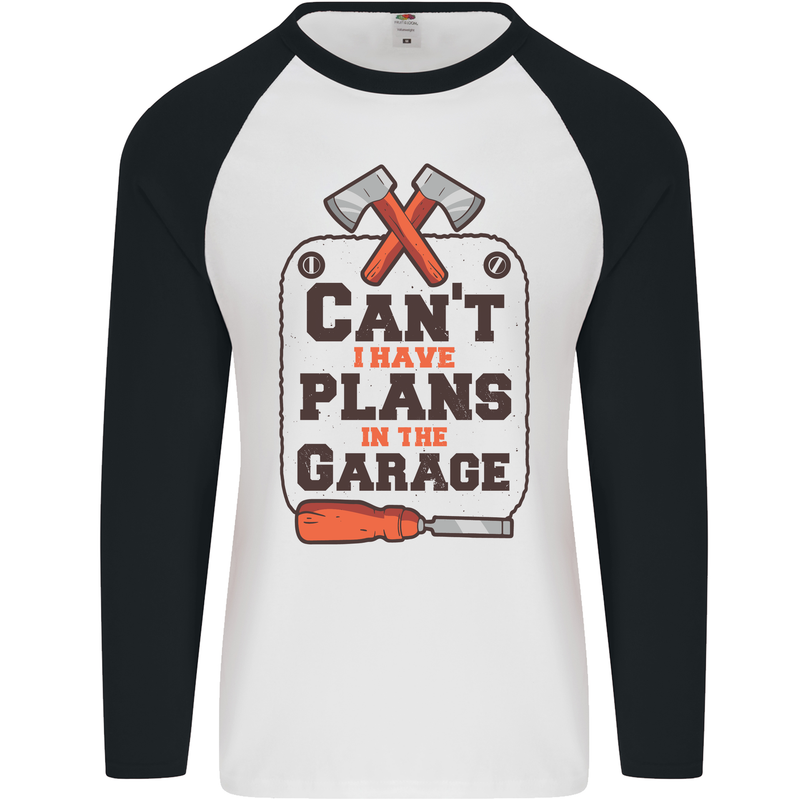 Plans In the Garage Carpentry DIY Tradesman Mens L/S Baseball T-Shirt White/Black
