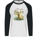 An Owl and Fox Tree Nature Ecology Mens L/S Baseball T-Shirt White/Black