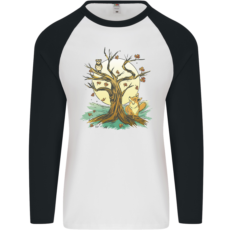 An Owl and Fox Tree Nature Ecology Mens L/S Baseball T-Shirt White/Black