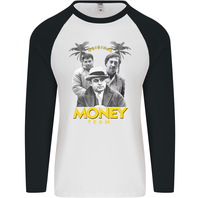 Money Team Pablo Escobar El Chapo Al Capone Mens L/S Baseball T-Shirt White/Black