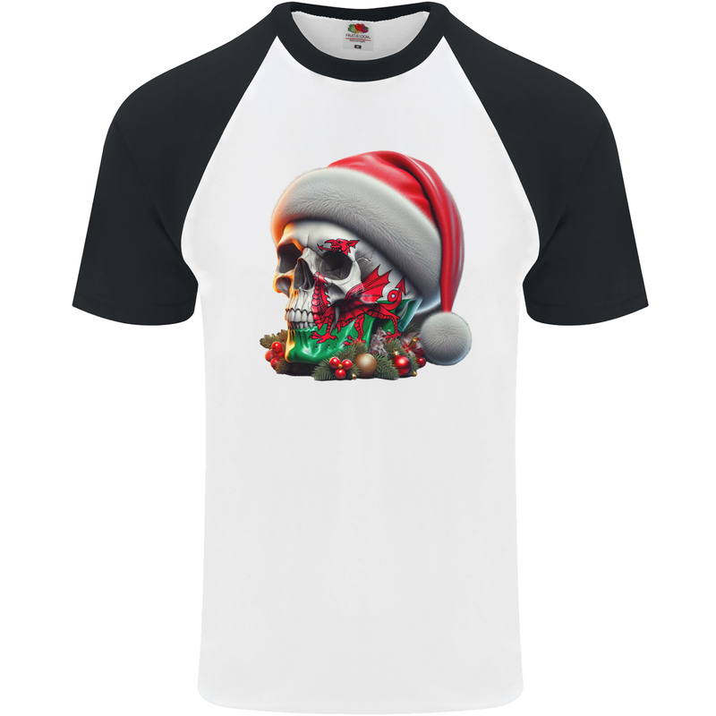 Wales Christmas Skull Xmas Welsh Flag Rugby Mens S/S Baseball T-Shirt White/Black