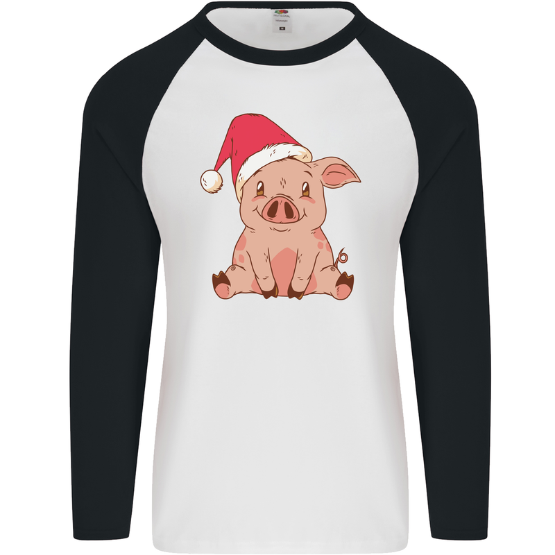 A Happy Christmas Pig Funny Xmas Mens L/S Baseball T-Shirt White/Black