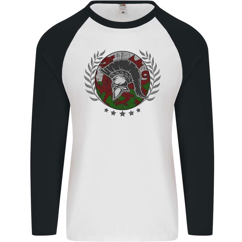 Welsh Bodybuilding Flag Gym Training Wales Mens L/S Baseball T-Shirt White/Black