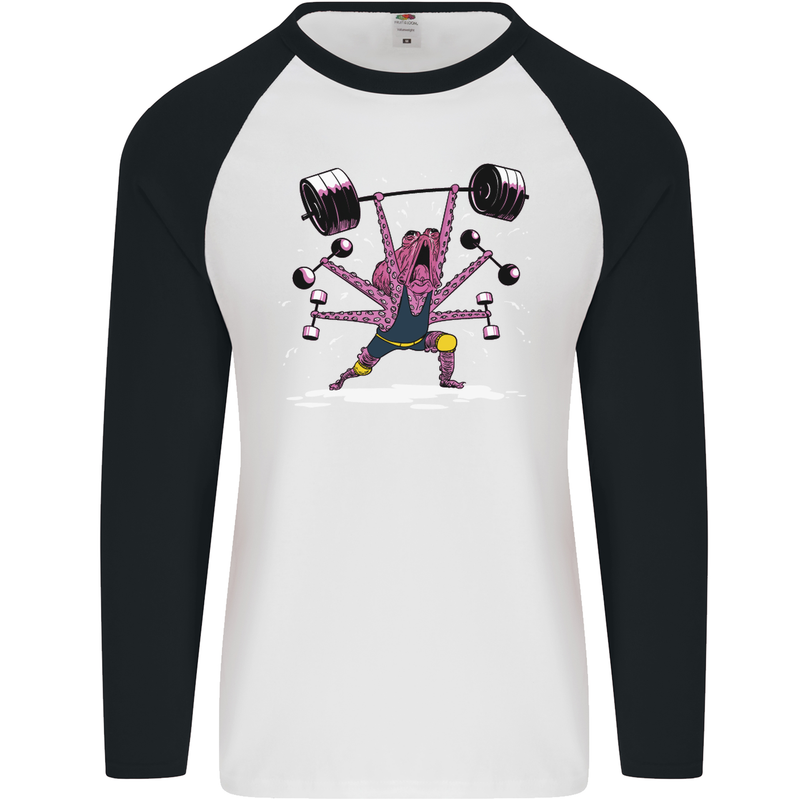 Octopus Gym Training Top Bodybuilding Mens L/S Baseball T-Shirt White/Black