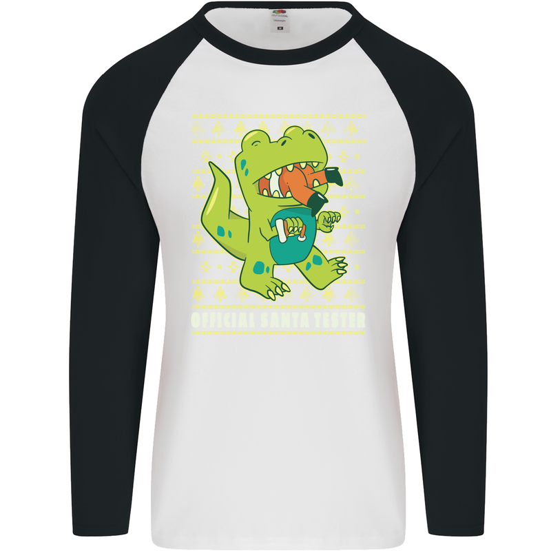 Christmas Official Santa T-Rex Dinosaur Mens L/S Baseball T-Shirt White/Black