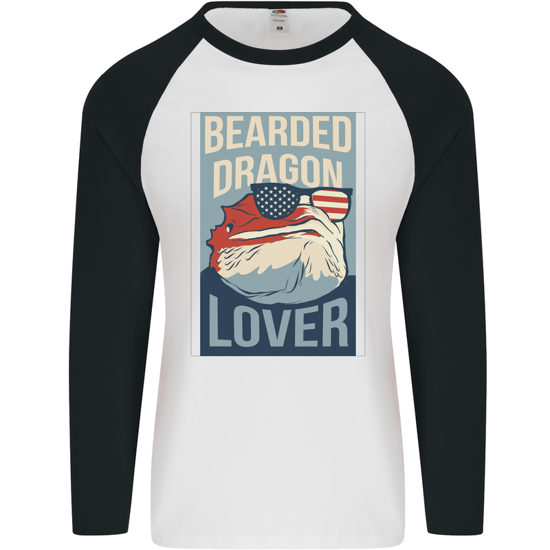 Bearded Dragon Lover USA America Mens L/S Baseball T-Shirt White/Black