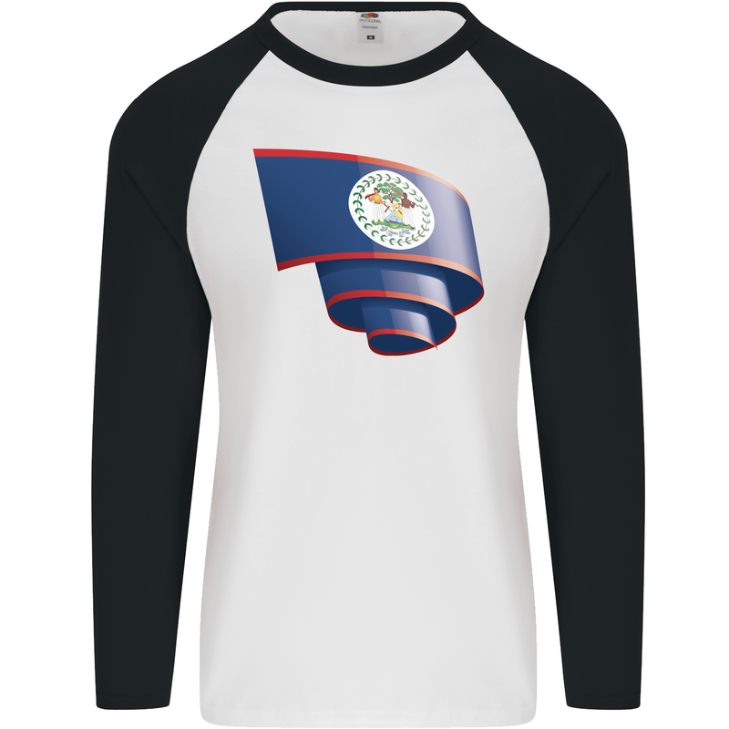 Curled Belize Flag Belizean Day Football Mens L/S Baseball T-Shirt White/Black