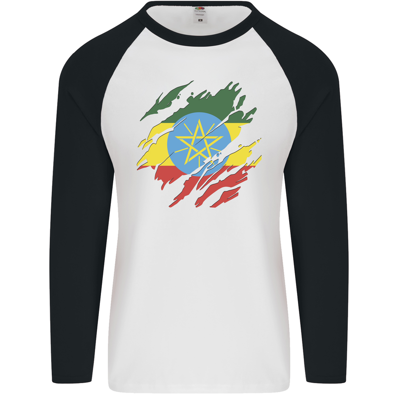Torn Ethiopia Flag Ethiopian Day Football Mens L/S Baseball T-Shirt White/Black