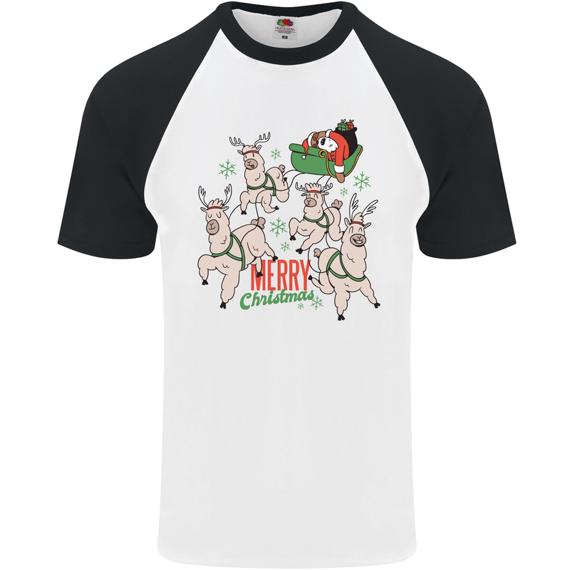 Santa & Llama Sleigh Funny Christmas Xmas Mens S/S Baseball T-Shirt White/Black